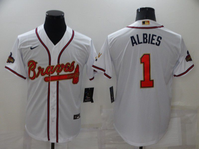 Men Atlanta Braves 1 Albies White Gold Game Nike 2022 MLB Jersey